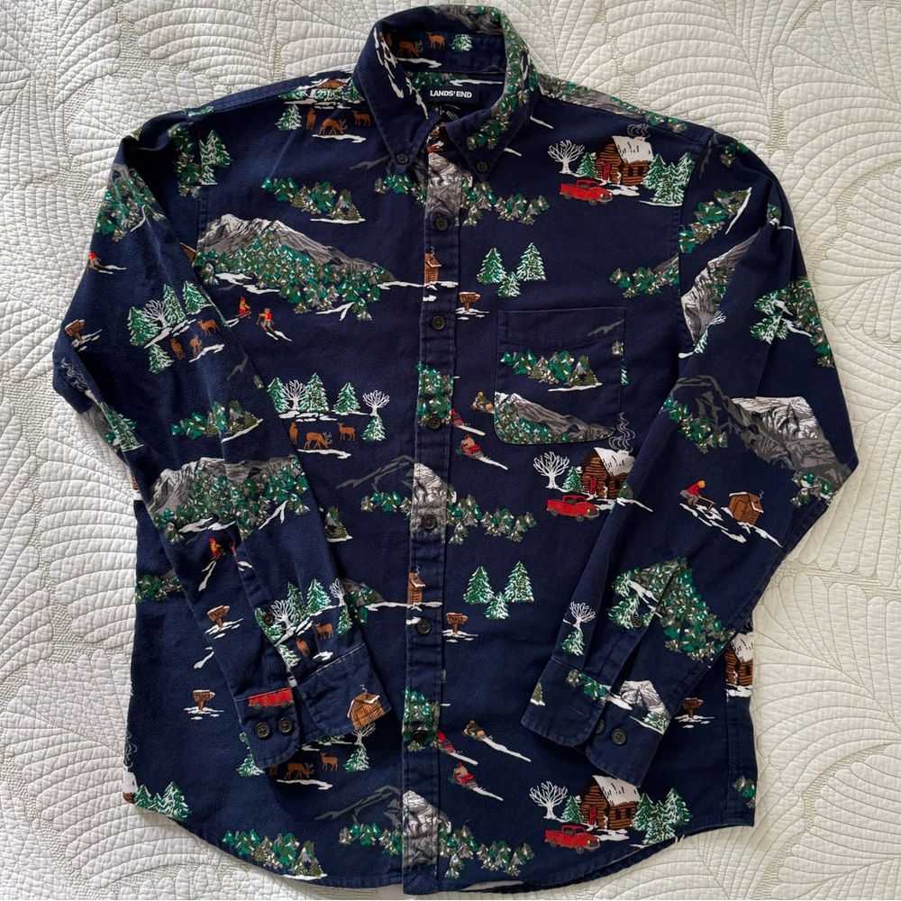 Lands' End Men's Forest Print Flannel Button Down Shirt- Size M